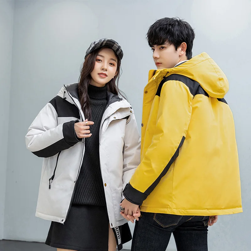 Nuovi Uomini Invernali Piumini Parka Color Block Coppia Piumini Casual Uomo Collo Con Cappuccio Tasca Calda Piumini Piumini