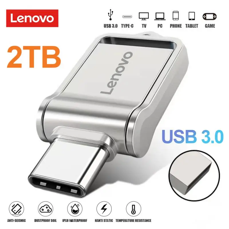 Lenovo Type C Usb Flash Drive 2 In 1 Usb Stick 3.0 128Gb Pen Drive 2Tb 1Tb Impermeabile Pendrive Memory Disk Per Iphone 15 Pro Max