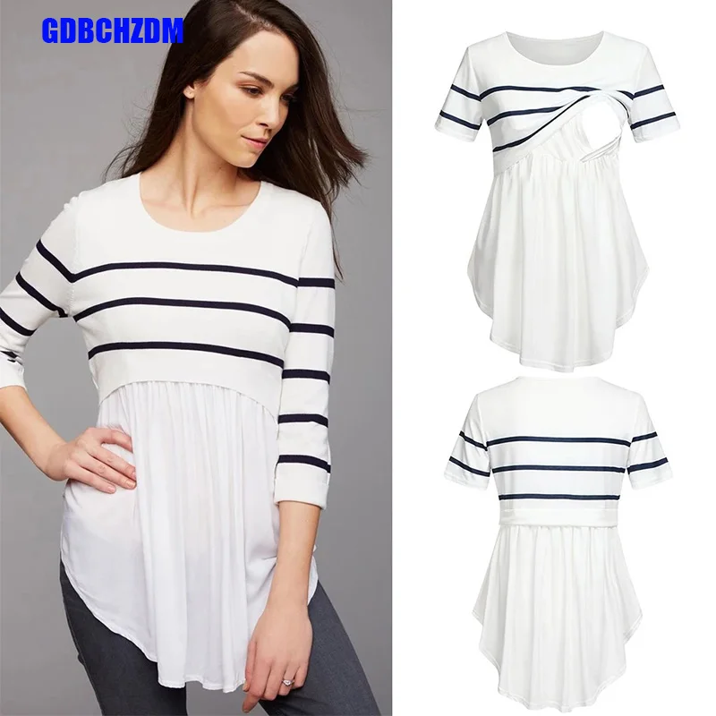 Camiseta De Maternidad Para Mujer Embarazada, Top De Lactancia A Rayas De Manga Corta, Cuello Redondo, Colore Sólido, Suave, Dob