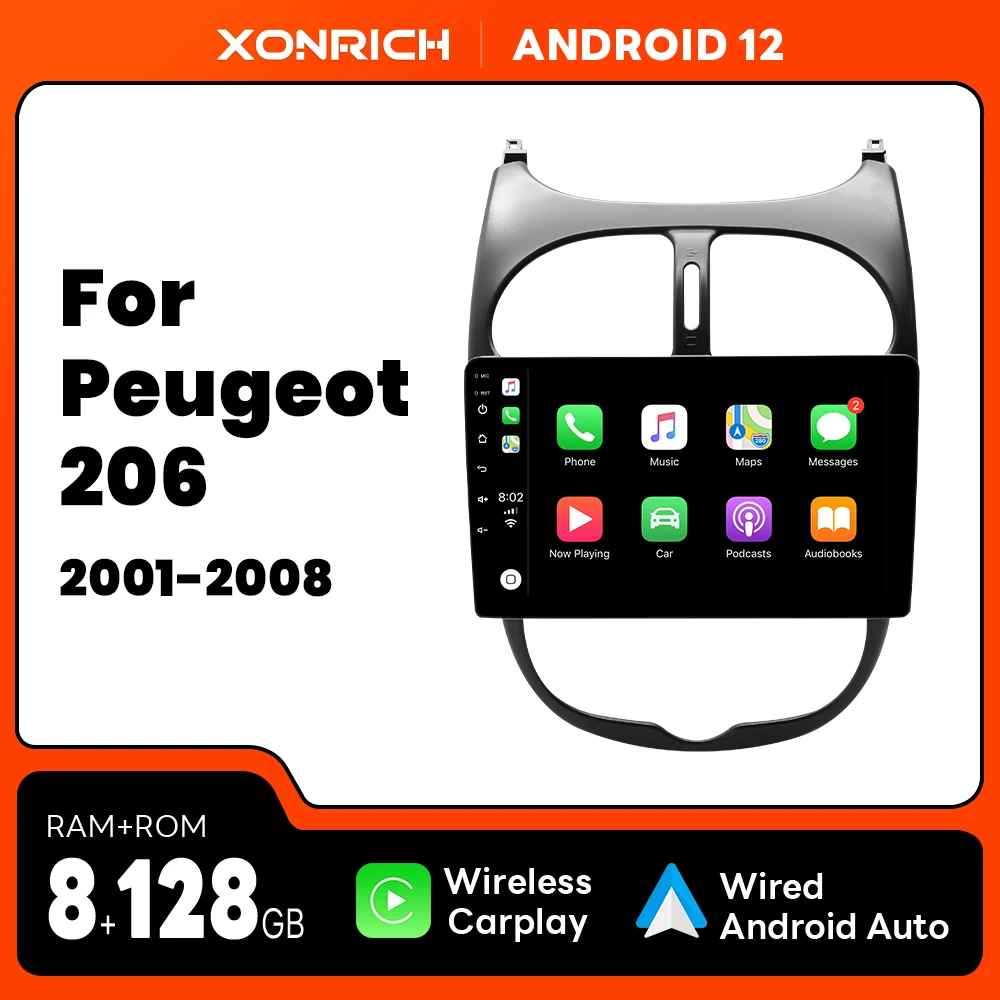 Wireless Carplay 8Gb 128Gb Android 12 Autoradio Multimediale Per Peugeot 206 2001-2008 Navigazione Gps Autoradio Ai Controllo Vocale