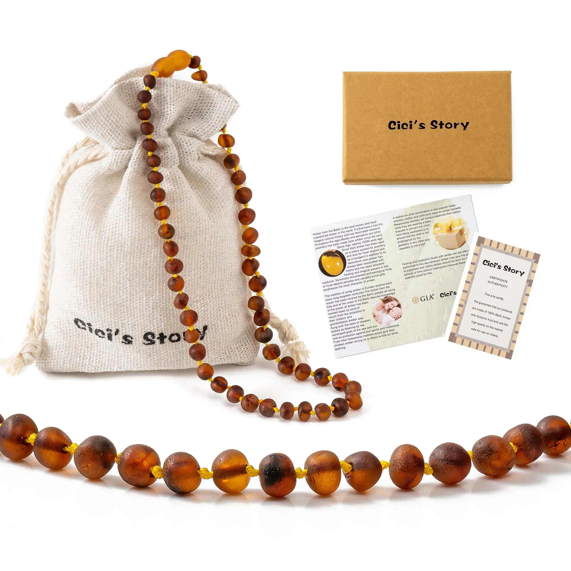 Collana Da Dentizione In Ambra Baltica Per Bambino (Cognac Grezzo Barocco) Certificata Come Ambra Baltica Autentica Al 100%