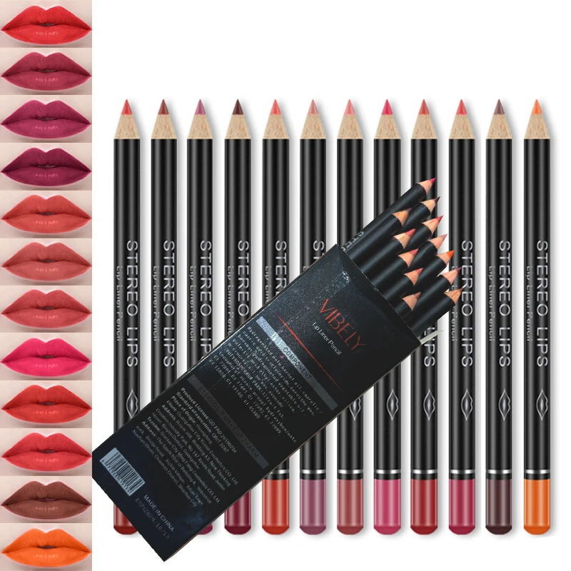 Vibely Natural 12 Colori Lipliner Pencil Set Waterproof Lip Liner Pen Matte Lip Stick Long Lasting Makeup Beauty Comestics Tools