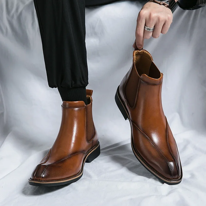 Nuovi Stivali Chelsea Marroni Per Uomo Stivaletti Da Uomo Slip-On Con Punta Quadrata Da Lavoro Alla Caviglia Taglia 38-45