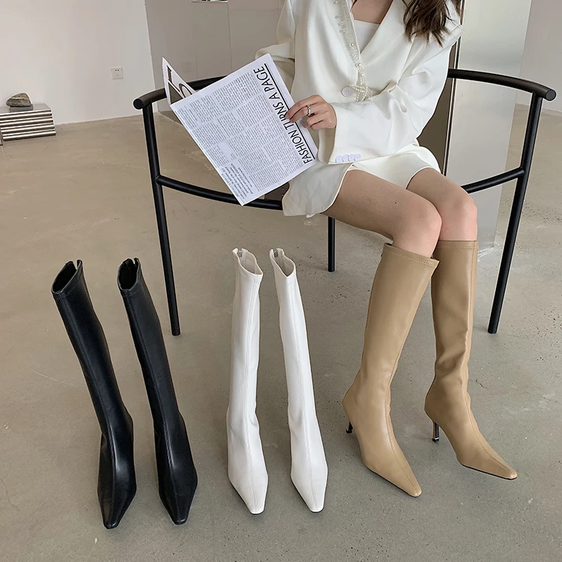 Nero Beige Bianco Donna Stivali Alti Al Ginocchio Autunno/Inverno Stivaletti Elasticizzati Cerniera Posteriore Tacchi Alti Sottili Eleganti Scarpe Ele