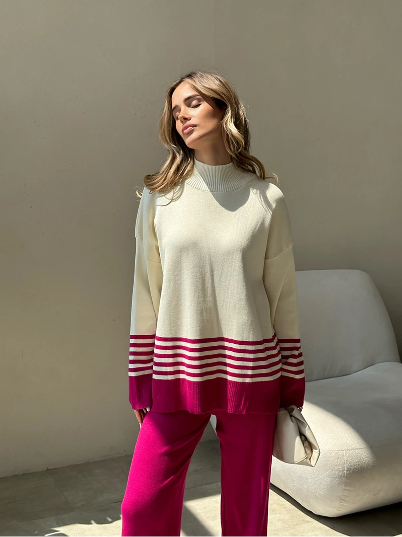 Completi Da Donna In Due Pezzi Lavorati A Maglia Completi Invernali Da Donna In Maglia Maglione A Collo Alto A Righe Completi Coordinati Set Di Pantal