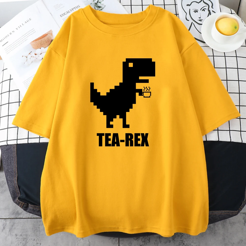 Mosaic Tyrannosaurus Rex Loves Tea Male Short Sleeve Oversize Casual Streetwears Creativity Casual T Shirts Mens Cotton Clothing