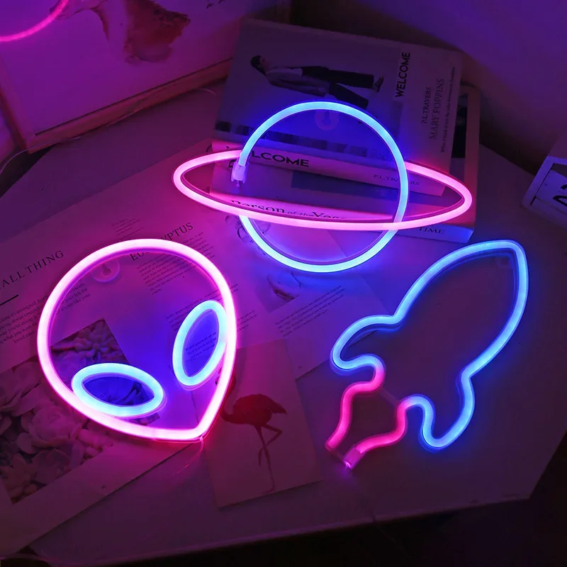 Planet Led Lights Neon Light Sign Bedroom Decor Rocket Alien Neon Night Lamp Per Camere Wall Art Bar Party Usb O Alimentato A Batteria