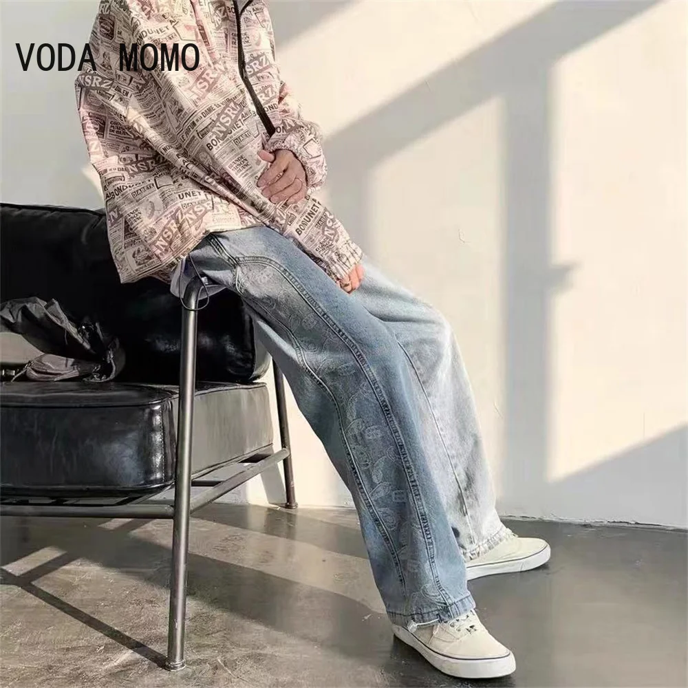 Korean Fashion Men Wide Leg Jeans 2022 Autumn New Streetwear Straight Baggy Denim Pants Male Brand Trousers