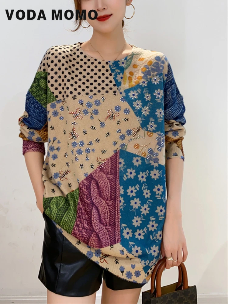 Casual Chic Girocollo Manica Lunga Maglioni Floreali Abbigliamento Donna Vintage Folk Stampato Maglioni Lavorati A Maglia Larghi Autunno Inverno