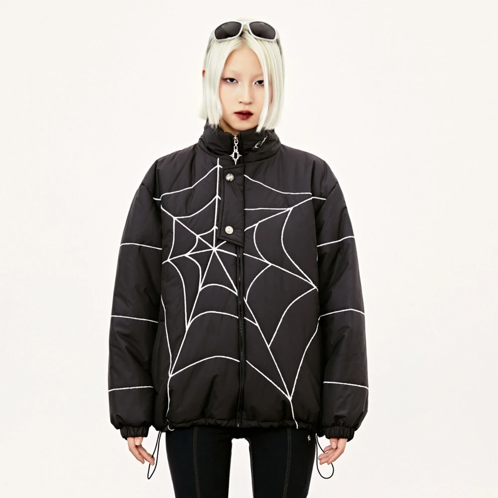 Dolcevita Ricamo Ragnatela Zip Up Cappotti Trapuntati Per Donna Ragazza Y2K Goth Academia Giacche Cappotti Streetwear Abbigliamento Invernale