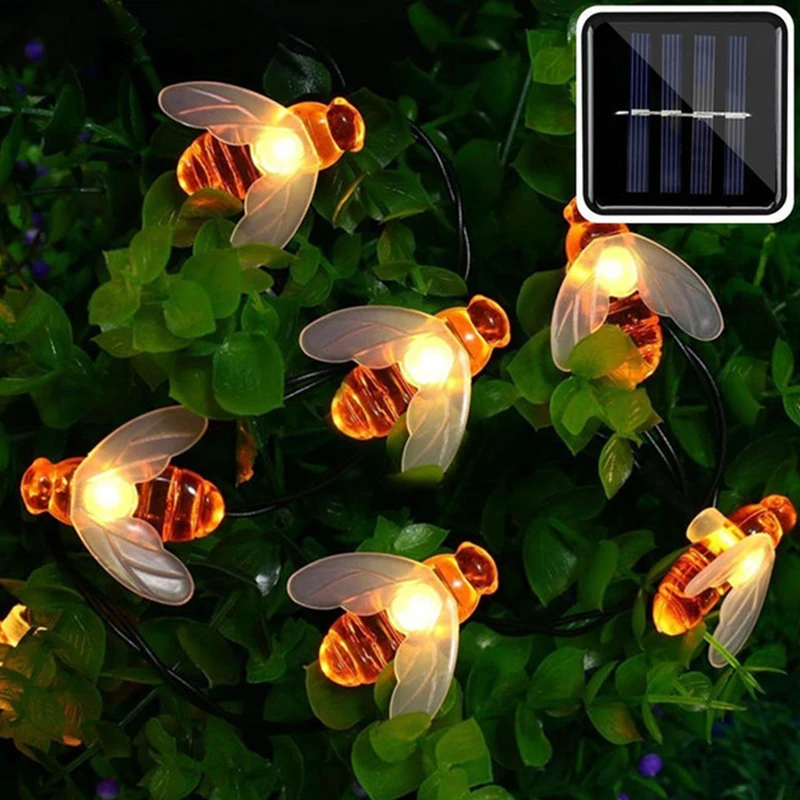 New Solar Powered Cute Honey Bee Led String Fairy Light 20Leds 50Leds Bee Outdoor Garden Fence Patio Christmas Garland Lights