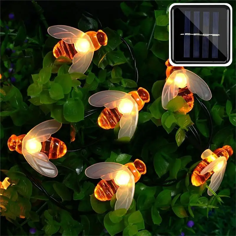 New Solar Powered Cute Honey Bee Led String Fairy Light 20Leds 50Leds Bee Outdoor Garden Fence Patio Christmas Garland Lights