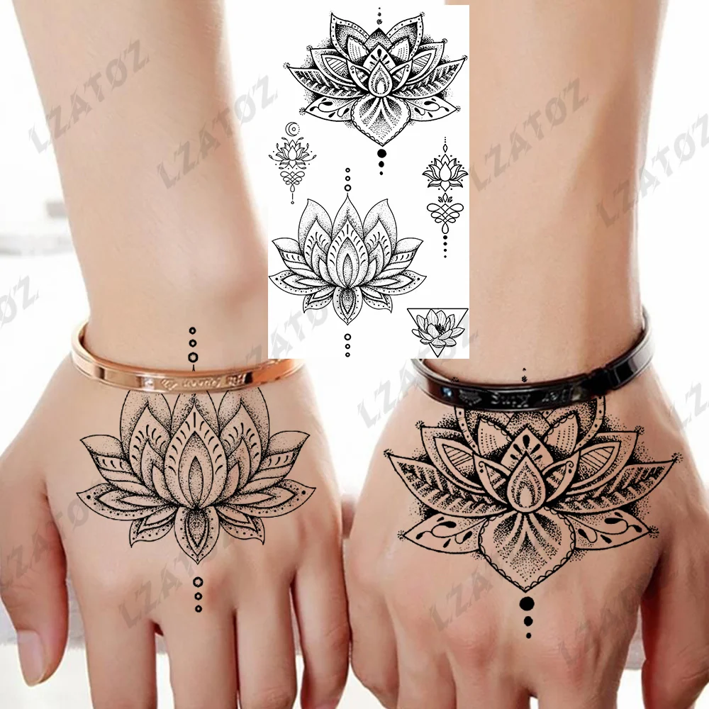 Black Lotus Flower Temporary Tattoos For Woman Man Realistic Geometric String Fake Tattoo Sticker Hand Body Art Waterproof Tatoo