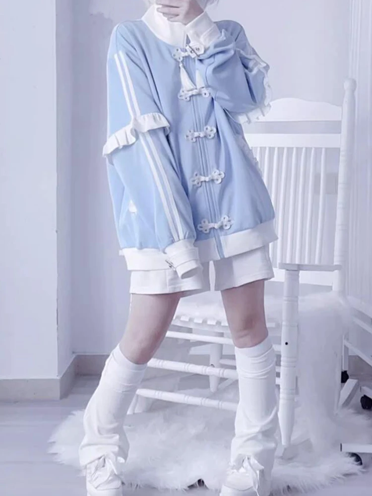 Moda Giapponese Y2K Felpa Kawaii Giacca Harajuku Blu Manica Staccabile Zip-Up Cutecore Giacca Allentata 2000S Stile Felpe Con Cappuccio