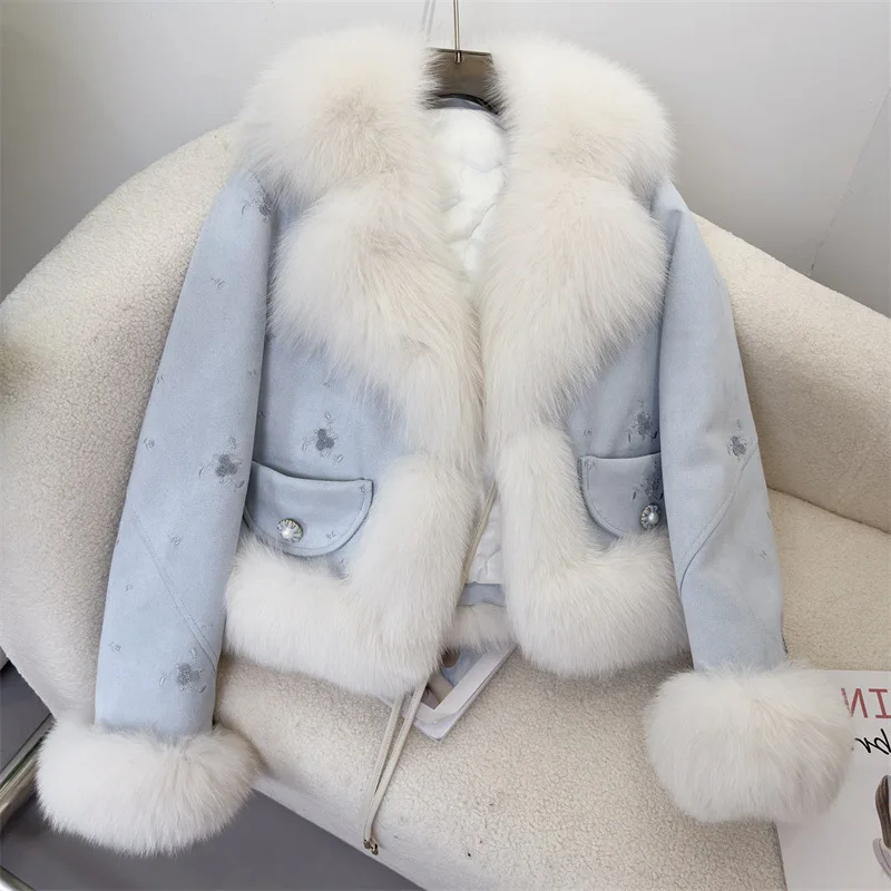 Vera Pelliccia Doudoune À Manches Longues Avec Col En Fourrure De Renard Vritable Pour Femme, Manteau Chaud, Vêtements D'Exteleveur Am