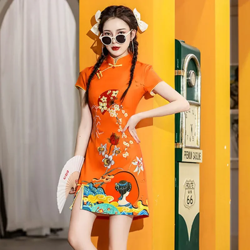 Cinese Trendy Short Women Vintage Cheongsam National Style Fashion Print Dress Modern Spring Summer Girl Qipao Orange Slim