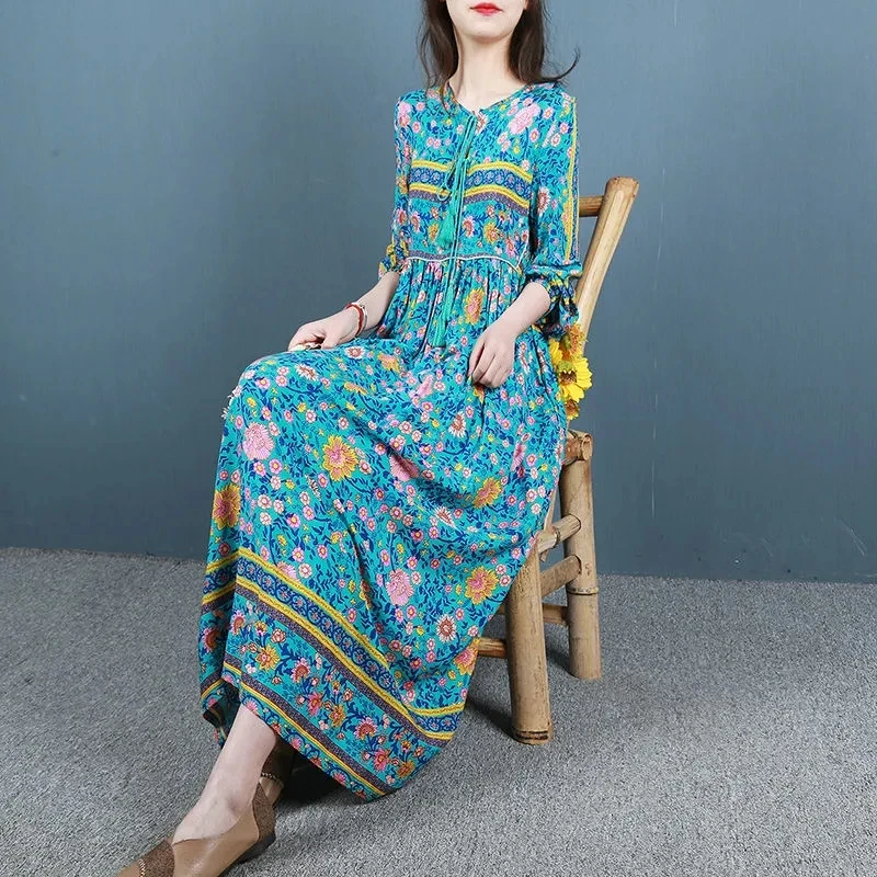 Abito Floreale In Stile Bohémien Da Donna In Stile Nazionale Retrò Stampato In Cotone Primavera Estate Abiti Da Donna Gonna Lunga Allentata Elegante