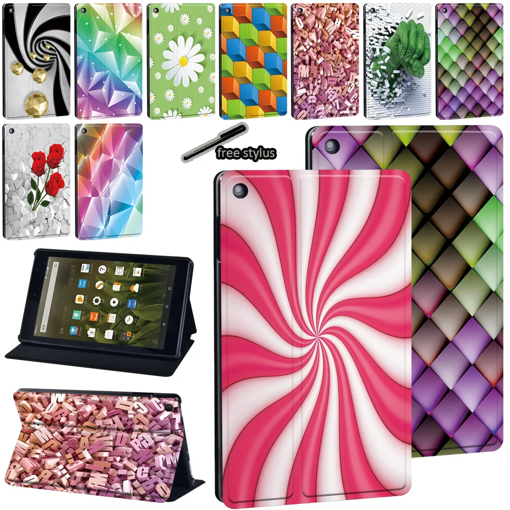 Per Amazon Fire 7 /Fire Hd 8 (6/7/8Th)/Fire Hd 10 (5/7/9Th Gen) Custodia Con Supporto Per Tablet In Pelle Pu Con Stampa Artistica 3D + Stilo