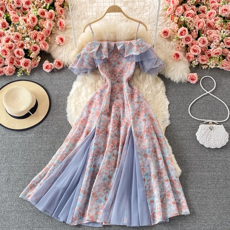 Maglia Splicing Sling Dress Lady Beach Holiday Big Swing Off Spalla Abiti In Chiffon Vestidos De Fiesta Elegantes Para Mujer 2023