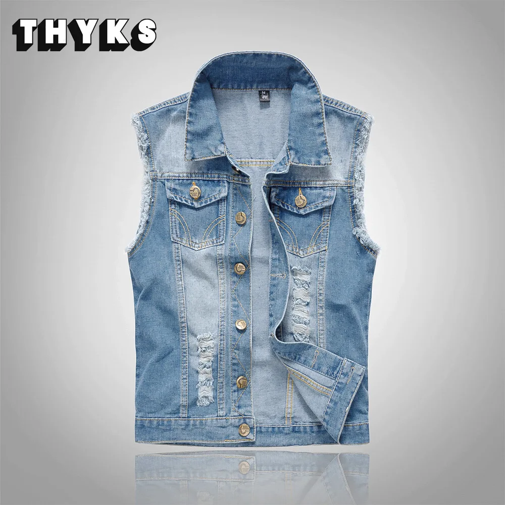 Fashion Denim Ripped Vest Men Motor & Biker Streetwear Colete Chaleco Hombre Top Senza Maniche Giacca Di Jeans Maschile Plus Size Canotte