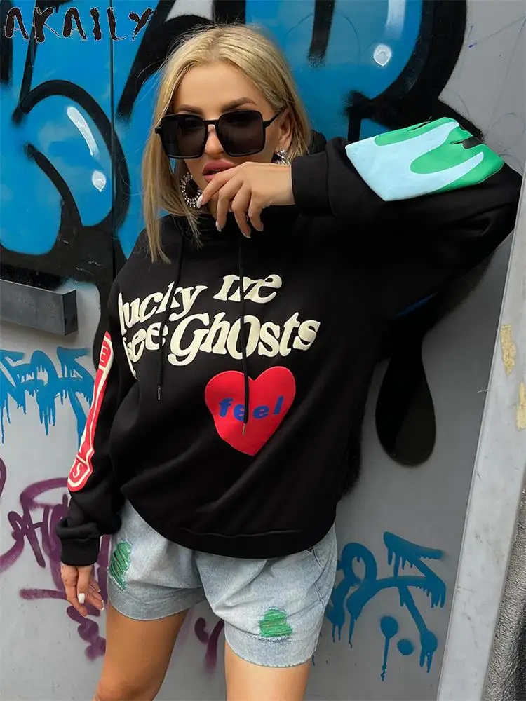 Akaily Autunno Streetwear Felpa Con Cappuccio Allentata Felpe Donna Manica Lunga Top Giacca Nera Felpa Con Cappuccio Grafica Marrone Donna