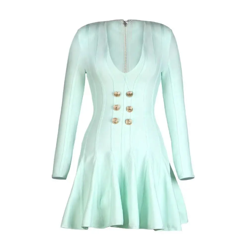 Xs-L Size Fashion Deep V-Neck Women Bandage Dress Verde Chiaro Manica Lunga Elastico Celebrity Club Evening Party Abiti Aderenti