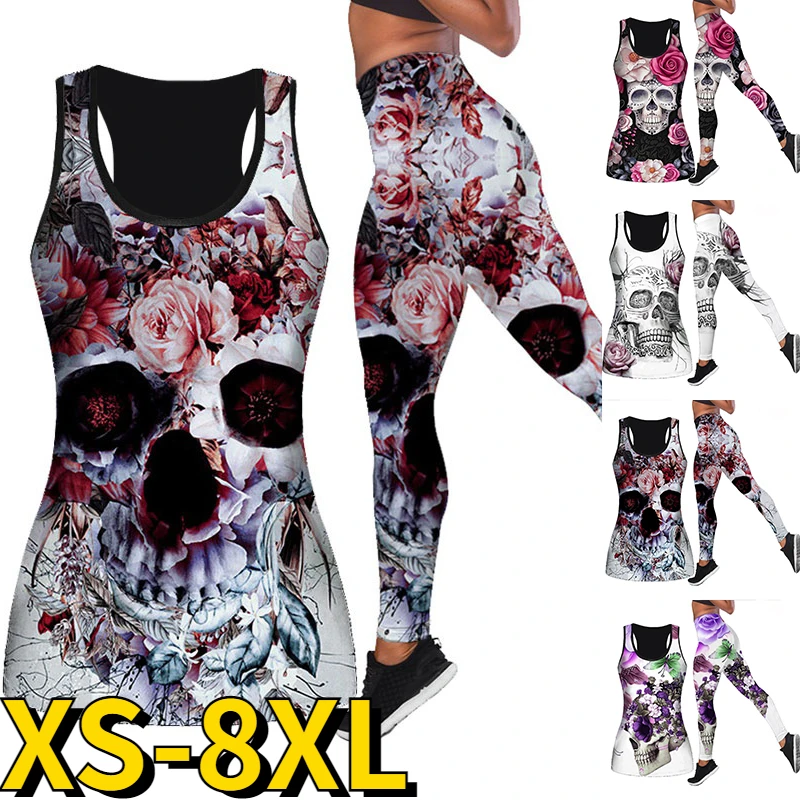 2023 New Sport Canotta Donna 2 Pezzi Tuta Da Yoga Activewear Set Senza Maniche Pantaloni Da Yoga Stampa Teschio Vestiti Attillati Da Yoga Xs-8Xl
