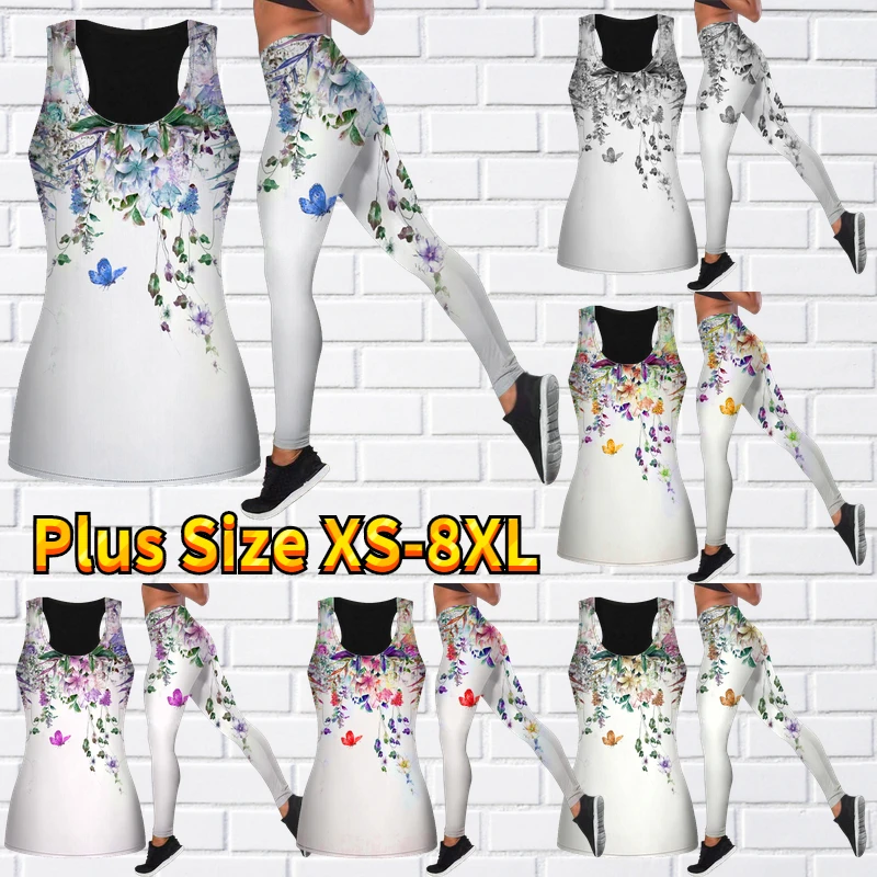 New Women'S Yoga Set Fashion Flower Fragrance Butterfly Printing Training Collant Fitness Yoga Pants Canotta Yoga Xs-8Xl