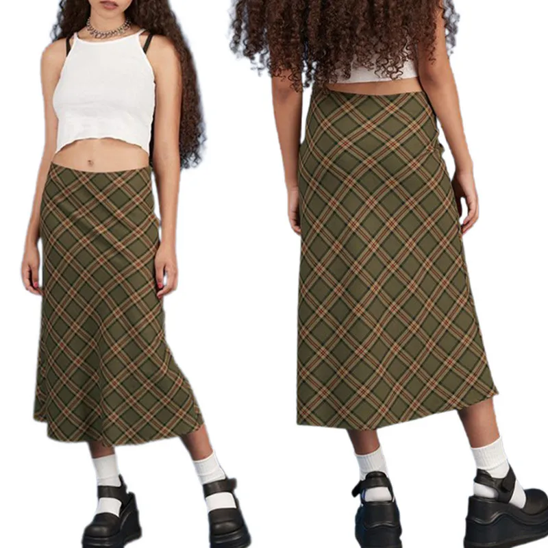 Women Casual Long Skirt, Dark Green Plaid Printed Pattern Close-Fitting Dress, Xs/ S/ M/ L/ Xl