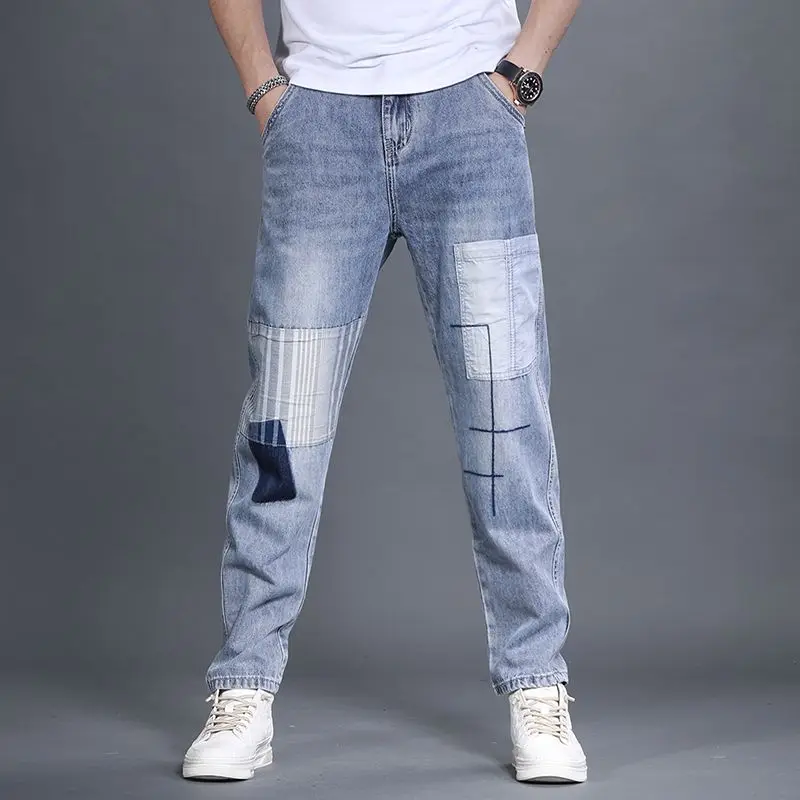 Pantaloni Da Cowboy Maschili Pantaloni Blu Chiaro Jeans Dritti Impiombati Per Uomo Goth Baggy Washed Abbigliamento Autunnale Classic Cheap Oversize Xs