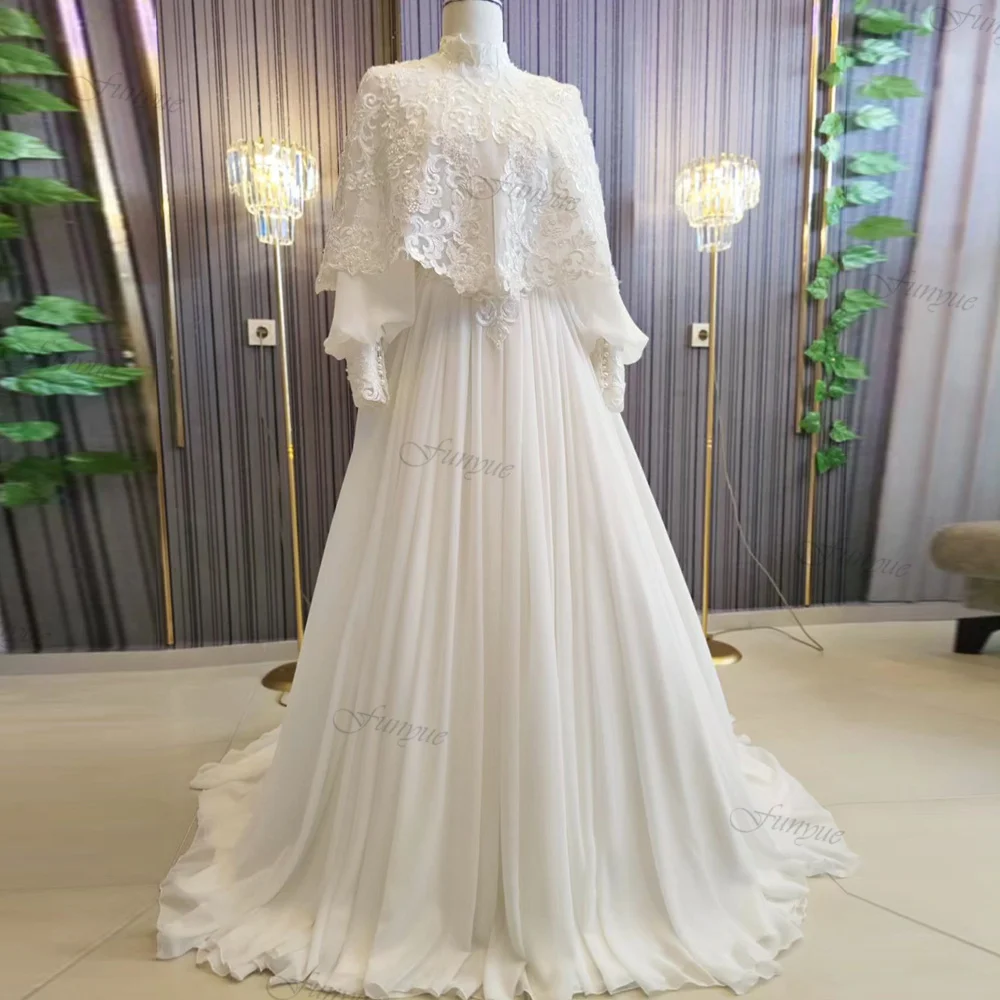 Funyue Abito Da Sposa Avorio Per Donna 2023 Sposa A-Line Chiffon Pieghettato Robe De Mariee Princesse Francia Pizzo Abiti Da Sposa Musulmani