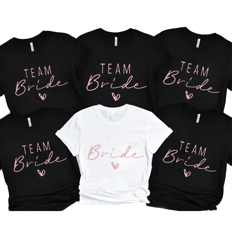 Team Bride Heart Evjf Tee Shirts Hen Party Women T-Shirt Girl Wedding Tops Tee Female Black Pink White Clothes Camisetas Mujer