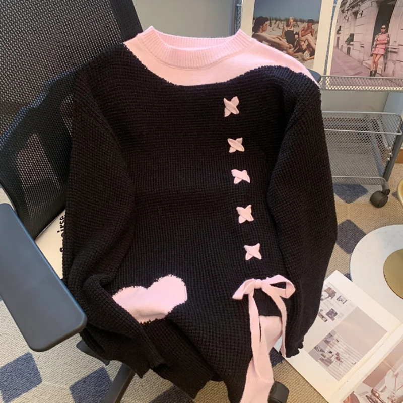 Abbigliamento Donna Maglione Lavorato A Maglia Vintage Nero Girocollo Cashmere Colori A Contrasto Moda Semplicità Top Primavera Rosa Femminile