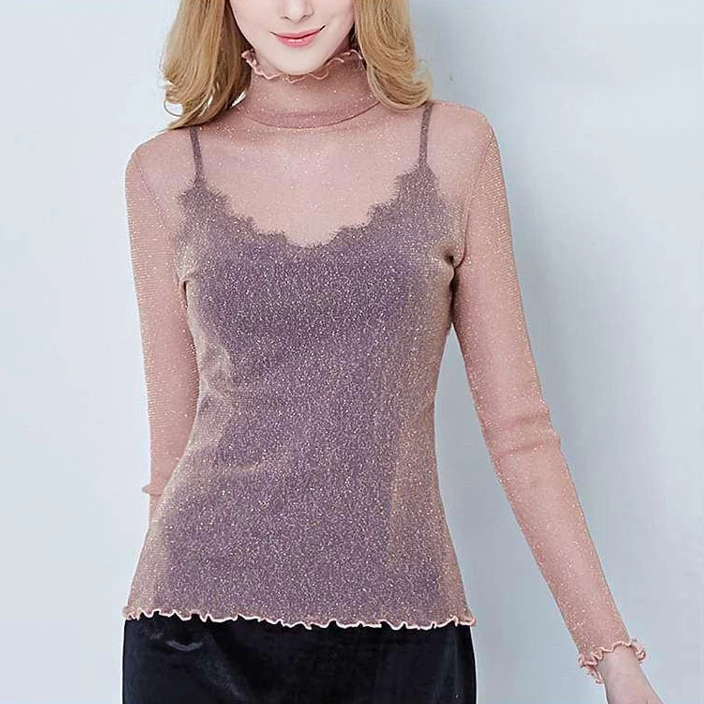 New Bright Shiny Knitted Lace Shirt Female Tops S-2Xl Size Black White Grey Apricot Pink Red Women Bottoming Blouses For Ladies