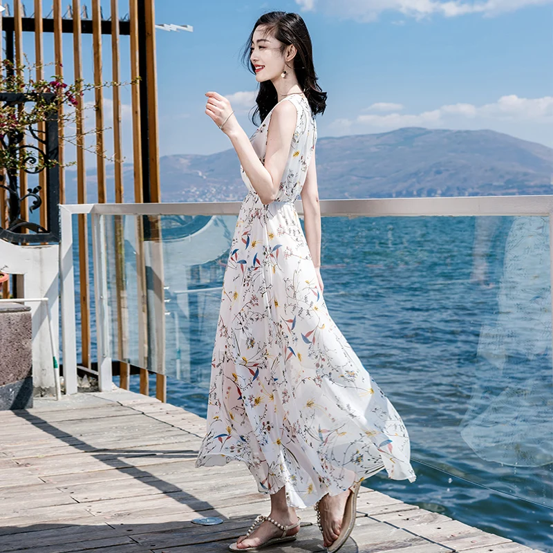 2021 Abiti Largos Doho Abito In Chiffon Con Scollo A V Abito Sexy Senza Manica Abito Floreale Bianco Pareos De Playa Mujer