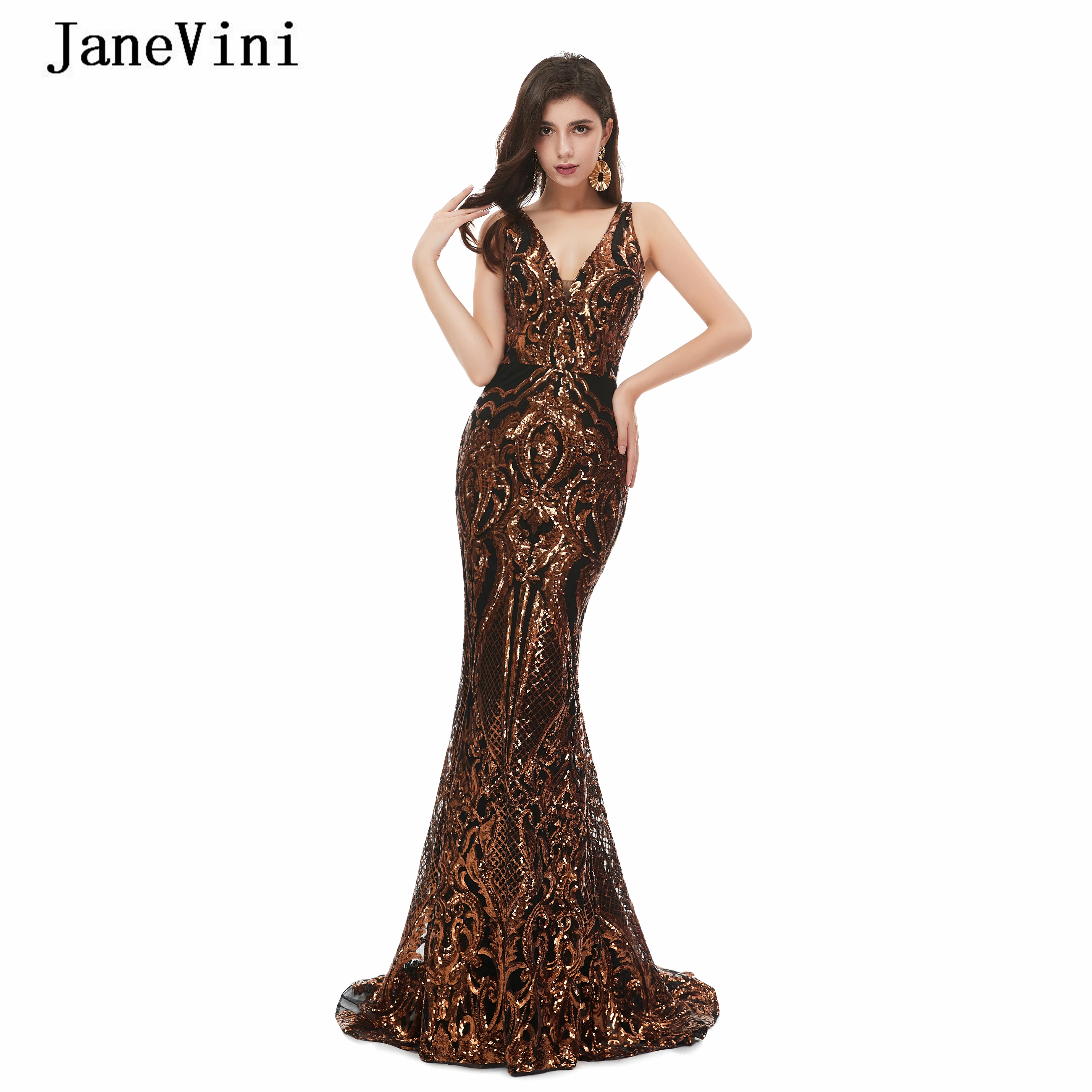 Janevini Sexy Oro Nero Vestito Da Sera Lungo Profondo Scollo A V Sparkling Paillettes Backless Della Sirena Delle Donne Vestiti Da Sera Vestito Lungo