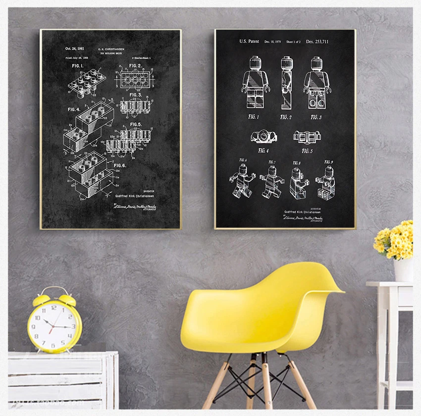 Camera Per Bambini Arredamento Vintage Blueprint Tela Pittura Immagine Gioco Idea Regalo Legos Blocchi Di Costruzione Patent Print Giocattolo Poster A