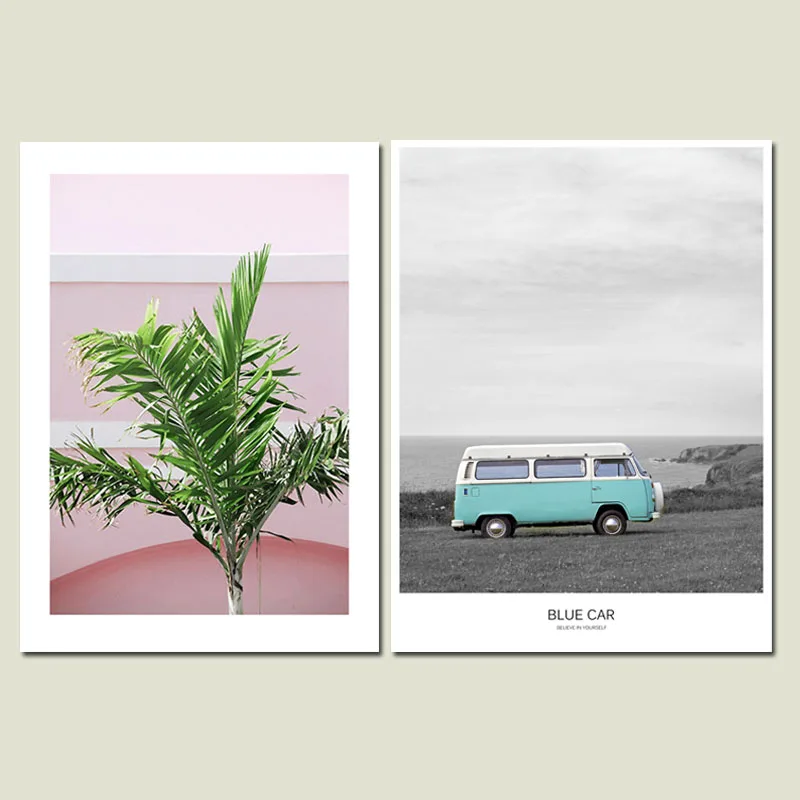 Blau Auto Rosa Bacchetta Malerei Nordic Green Leaf Poster Blauw Zwart Anlage Poster Und Drucke Wand Bilder Fuir Wohnzimmer Unframed
