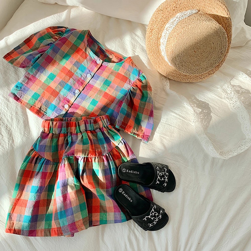 Melario Colorful Plaid Girls Set Summer Children'S Clothing Bubble Sleeve Shirt Top + Shorts Suit Two Piece Girls Sets Outfits