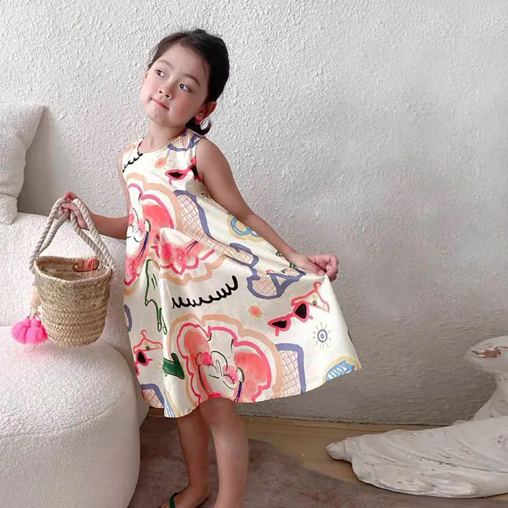 Melario Girls Dress Outfits Summer Kids Dress Small Fresh New Fashion Princess Dress Bambini Stampa Cute Vest Skirt Vestidos