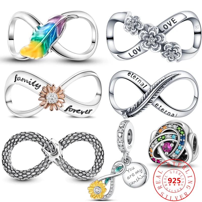 925 Silver Eternal Symbol Feather Daisy Forever Love Family Infinite Winding Beads Fit Original Pandora Charms Bracciale Jewelry