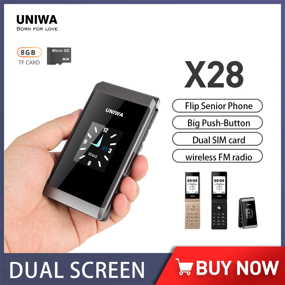 Uniwa X28 Flip Mobile Dual Screen 2.8 Pollici 2G Gsm Big Push-Button Senior Phone 1200Mah Tastiera Ebraica Scrittura A Mano Telefoni Sos