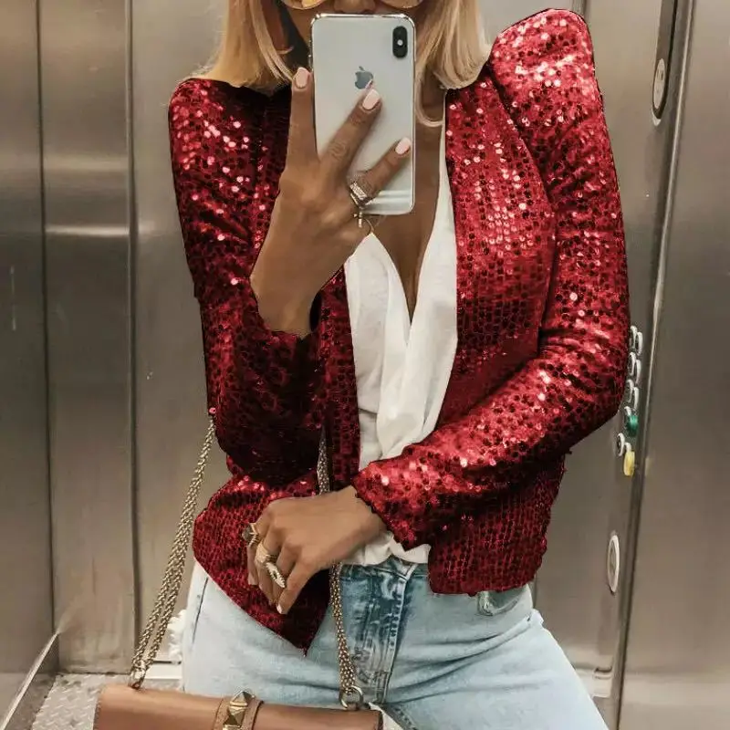 Giacche Di Paillettes Moda Donna Glitter Manica Lunga Cappotti Corti Elegante Capispalla Primaverile Donna Solid Streetwear