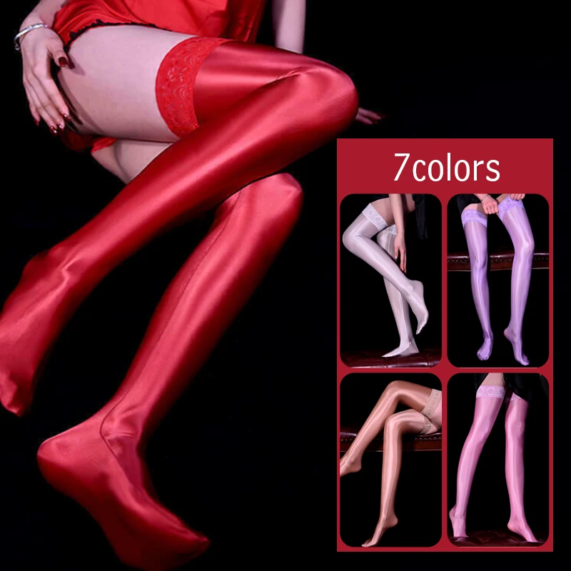 Sexy Women 80D Lace Oil Shiny High Stockings Vintage Glossy Sexy Overknee Tights  High Elastic Thigh-High Stockings Lingerie