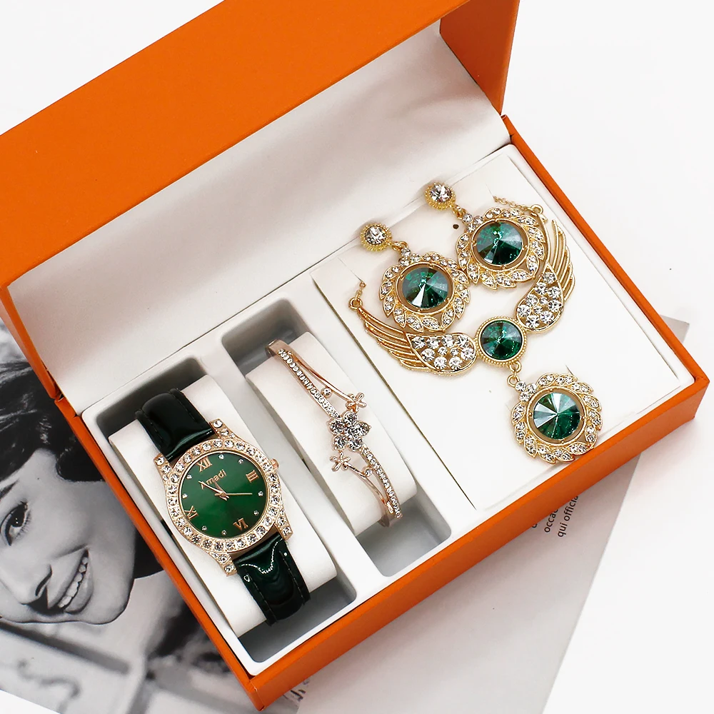 4 Pezzi Set Orologi Donna Cinturino In Pelle Orologio Casual Donna Analogico Orologio Da Polso Bracciale Pendenti Orecchini Set Regalo Montre Femme + 