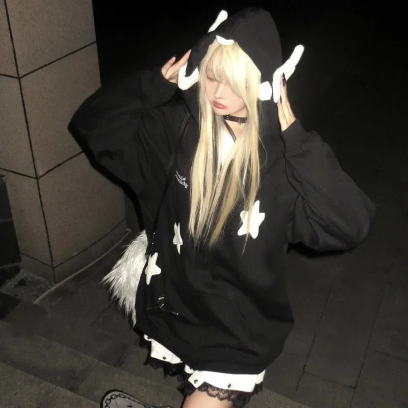 Deeptown Kawaii Felpe Con Cappuccio Donna Giapponese Y2K Star Girl Pink Harajuku Gothic Angel Zipper Felpe Oversize Cutecore Lolita Tops