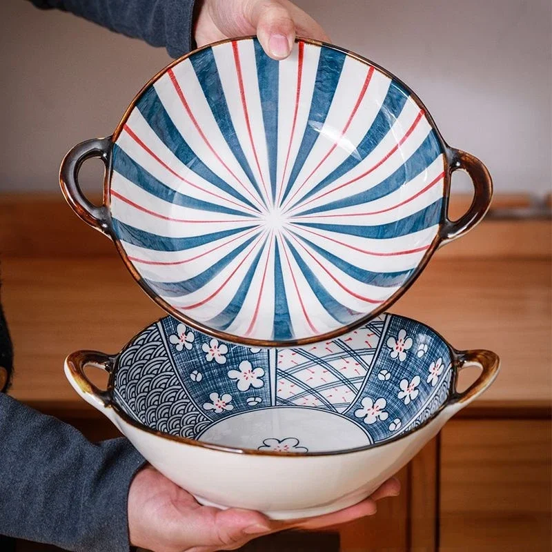 7.5Inch Japanese Household Noodle Bowl Ceramic Soup Bowl With Handle Salad Pasta Bowl Kitchen Tableware Microwave Oven Bakware