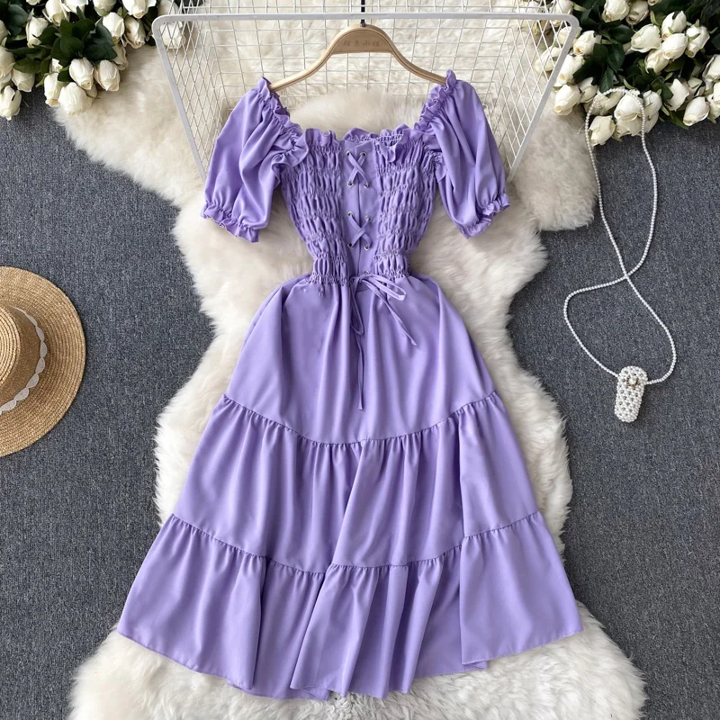 2023 Summer New Puff Sleeve Women White Dress Off Spalla Cut Out Tie Up Increspato Abiti Lunghi Femminili
