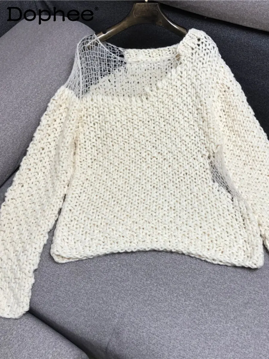 Sexy Hollow Off-Shoulder Pullover Women Fall Winter Lazy Style Loose Slimming Long Sleeve Black And White Knitted Sweater Street