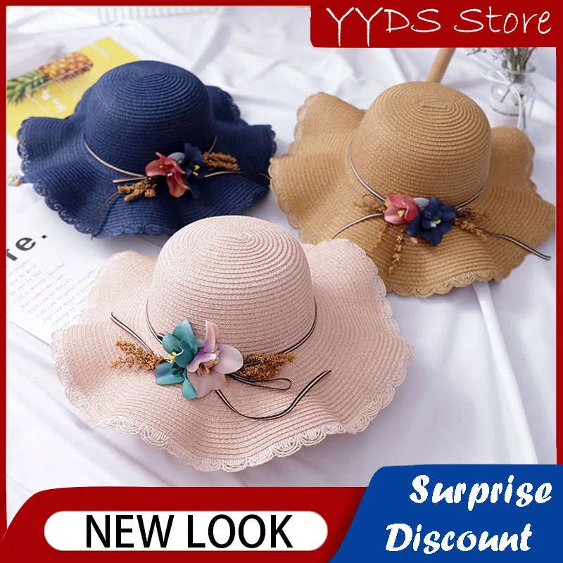Parent-Child Shade Straw Hat Foldable Sun Hat Blue Beach Sunscreen Sun Hat Foldable Flower Fisherman Hat Baby Girl Stuff